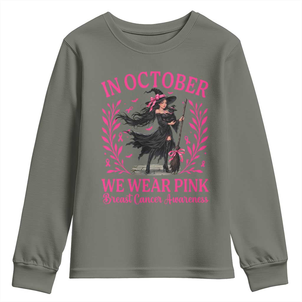 Breast Cancer Halloween Witch Youth Sweatshirt In October We Wear Pink
