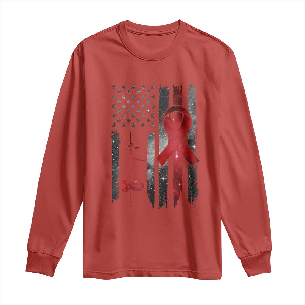 World AIDS Day Long Sleeve Shirt American Flag Red Ribbon Gift