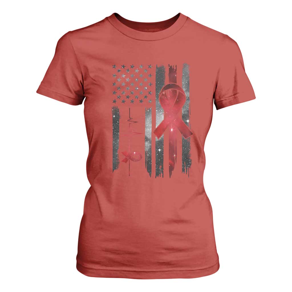 World AIDS Day T Shirt For Women American Flag Red Ribbon Gift