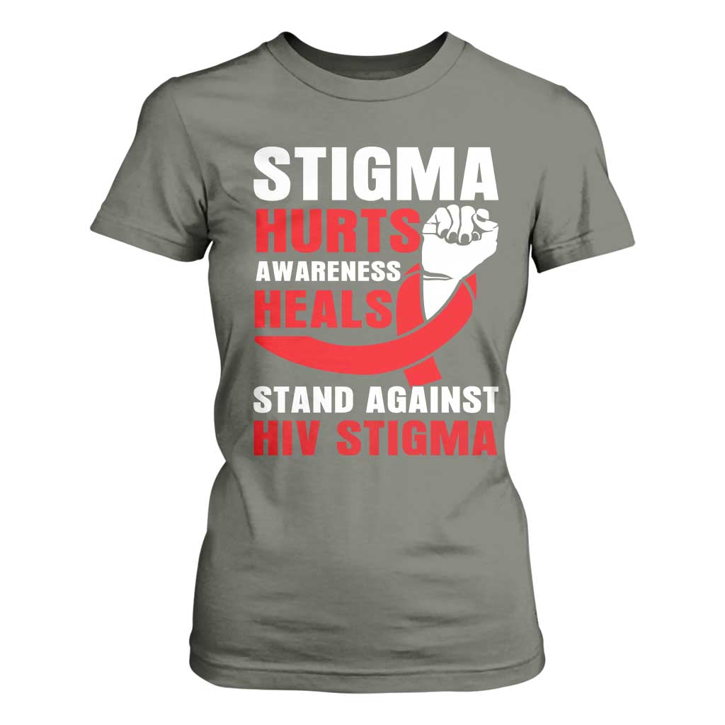 Stigma Hurts Support Heals T Shirt For Women HIV Red Ribbon Empowerment Gift