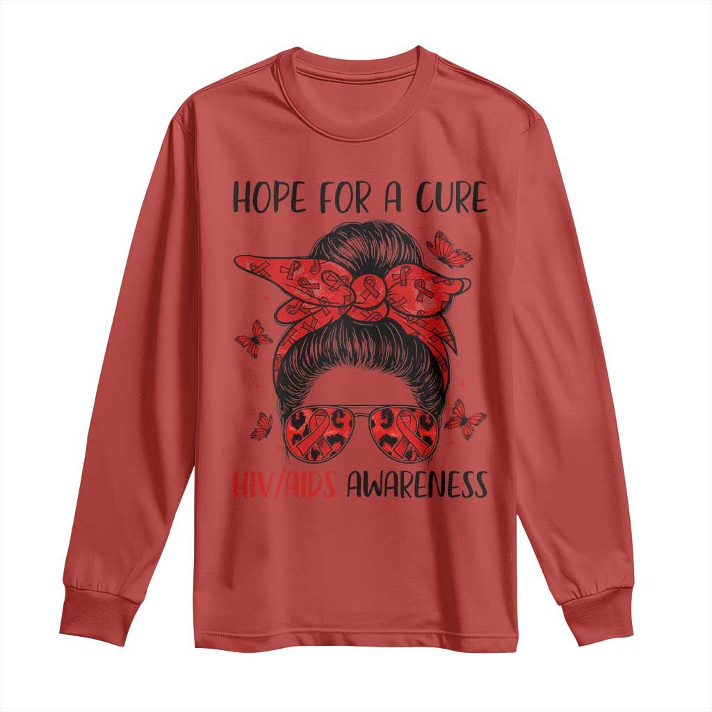 Hope For A Cure HIV Support Long Sleeve Shirt Strong Woman Red Ribbon Gift