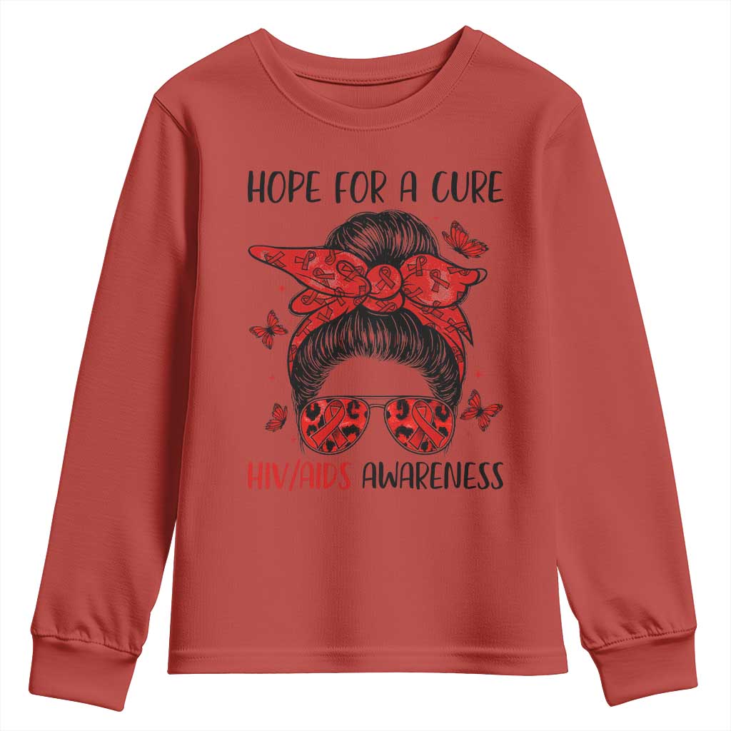 Hope For A Cure HIV Support Youth Sweatshirt Strong Woman Red Ribbon Gift