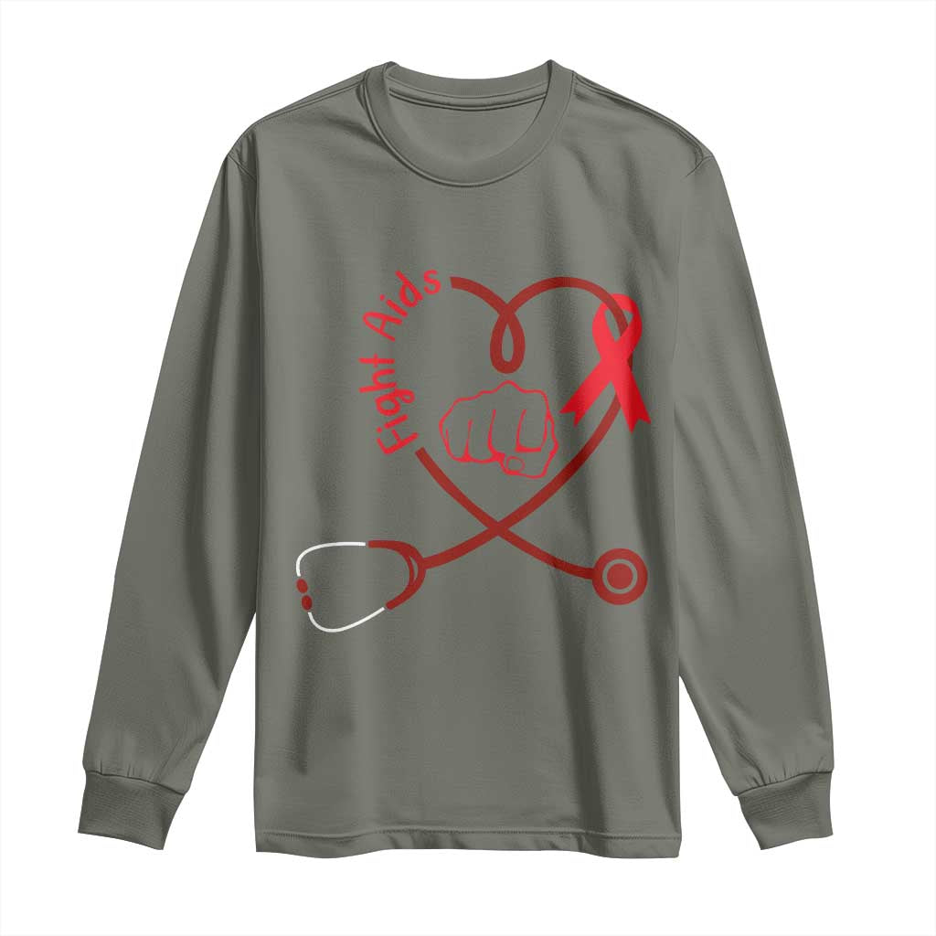 Fight AIDS Nurse Long Sleeve Shirt Red Ribbon HIV Support Gift