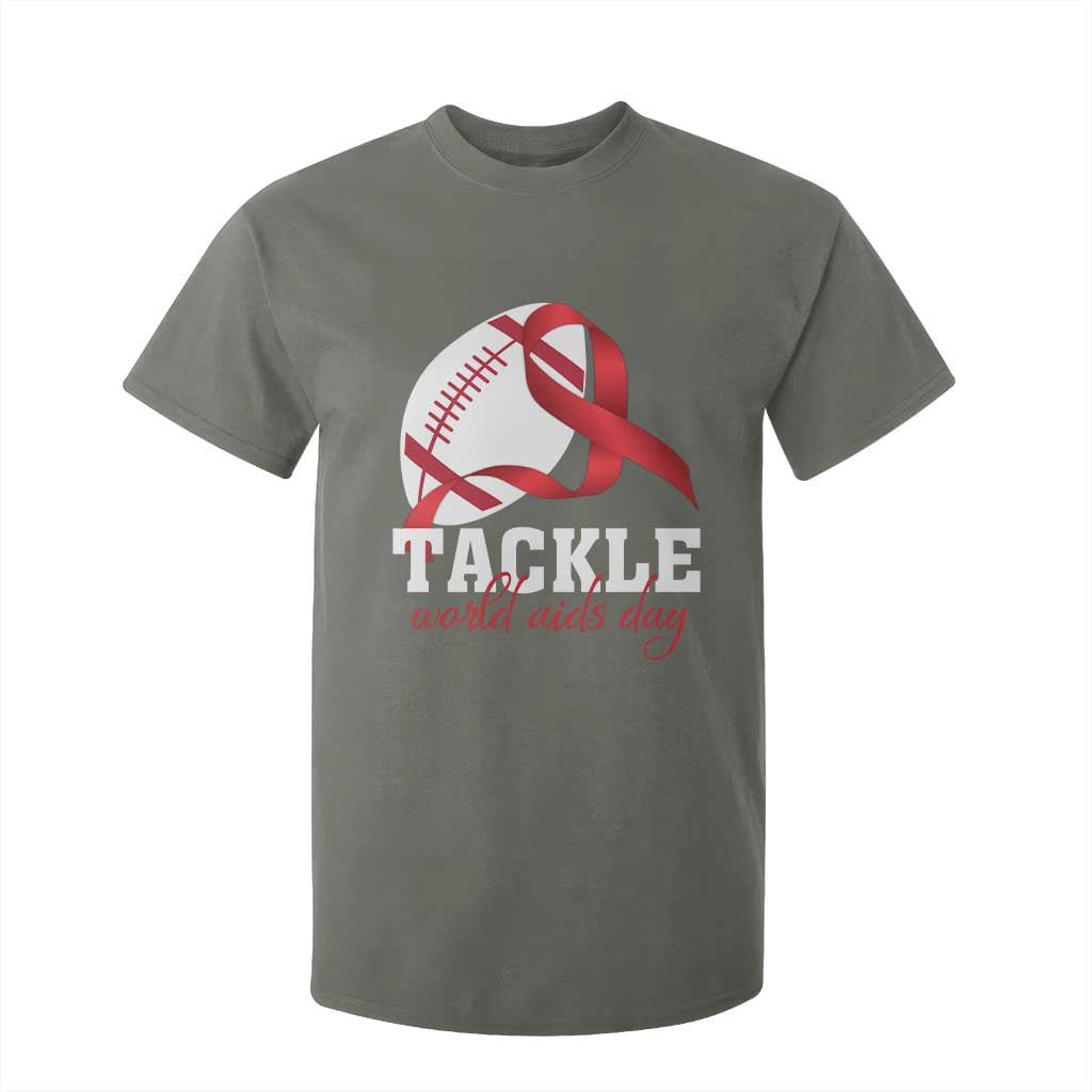 Tackle World AIDS Day T Shirt For Kid Red Ribbon Football Support Gift