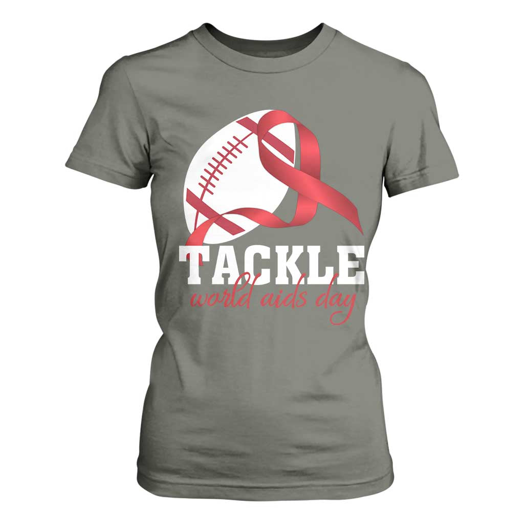 Tackle World AIDS Day T Shirt For Women Red Ribbon Football Support Gift