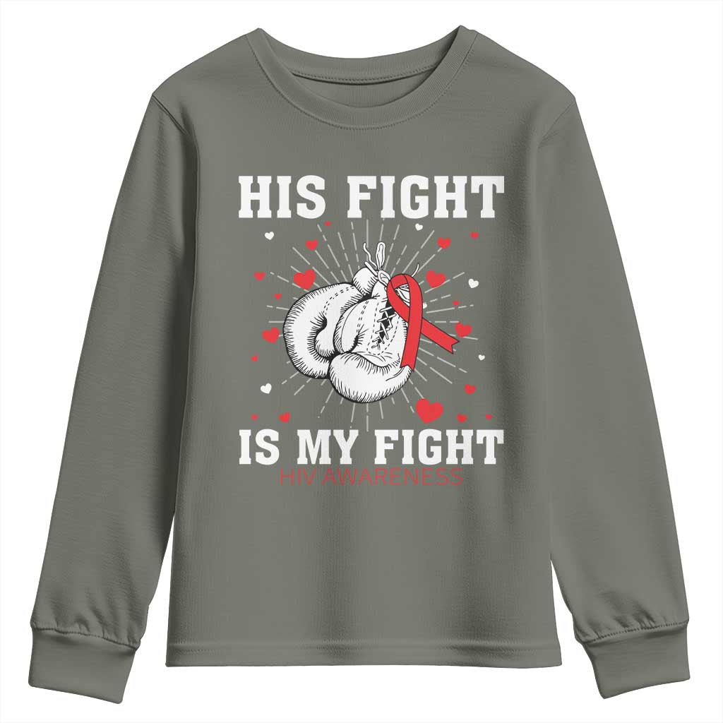 His Fight My Fight HIV Warrior Youth Sweatshirt Red Ribbon Boxing Gift