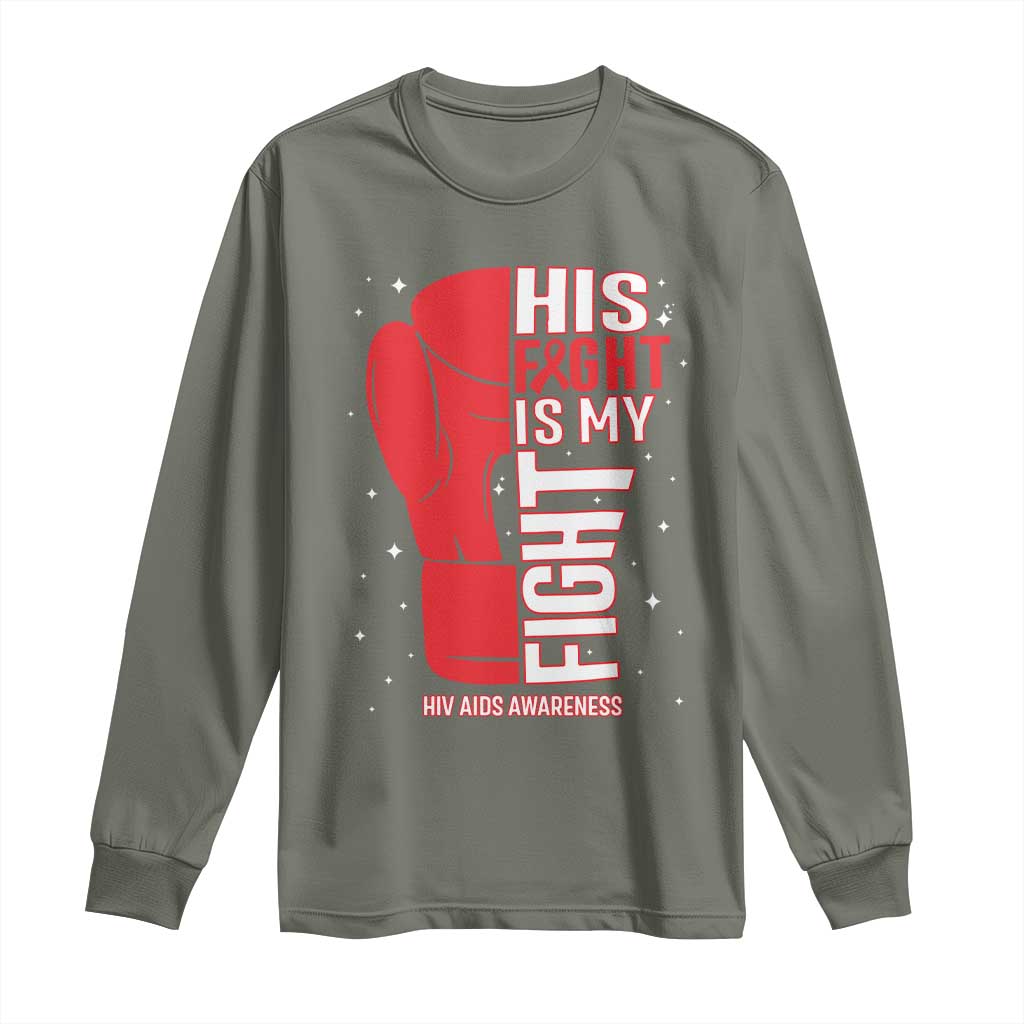 His Fight My Fight Long Sleeve Shirt Red Ribbon HIV Support Boxing Gift