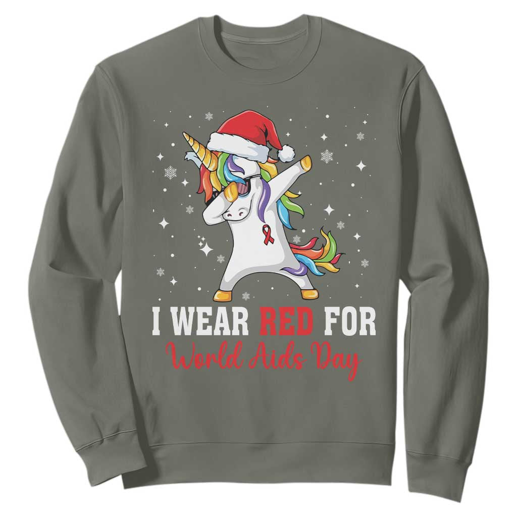 I Wear Red For World AIDS Day Sweatshirt Santa Unicorn Dabbing Christmas Gift