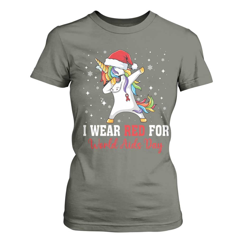 I Wear Red For World AIDS Day T Shirt For Women Santa Unicorn Dabbing Christmas Gift