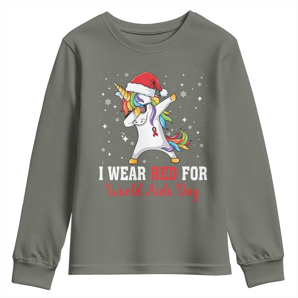 I Wear Red For World AIDS Day Youth Sweatshirt Santa Unicorn Dabbing Christmas Gift