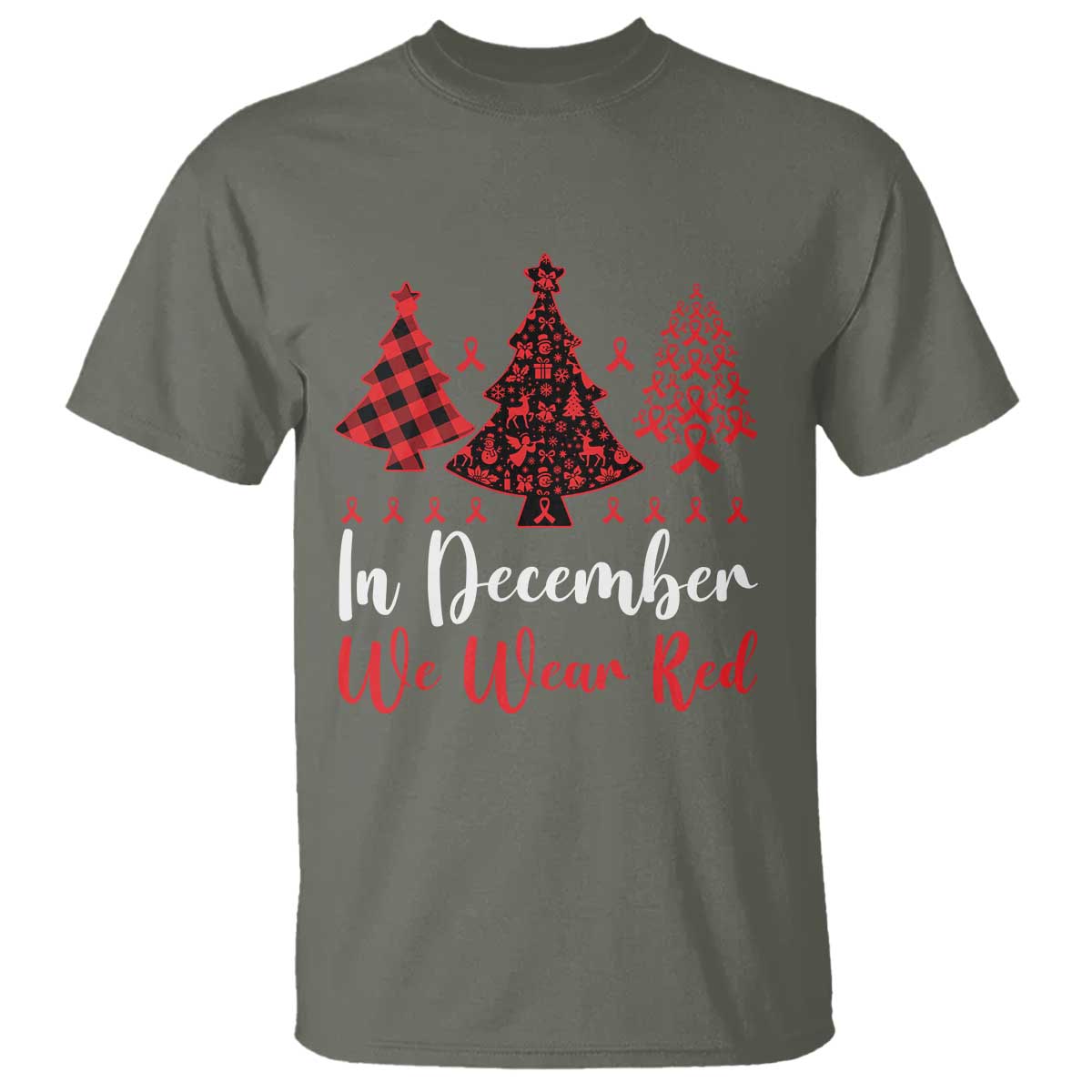 In December We Wear Red T Shirt HIV Support Christmas Ribbon Tree Gift
