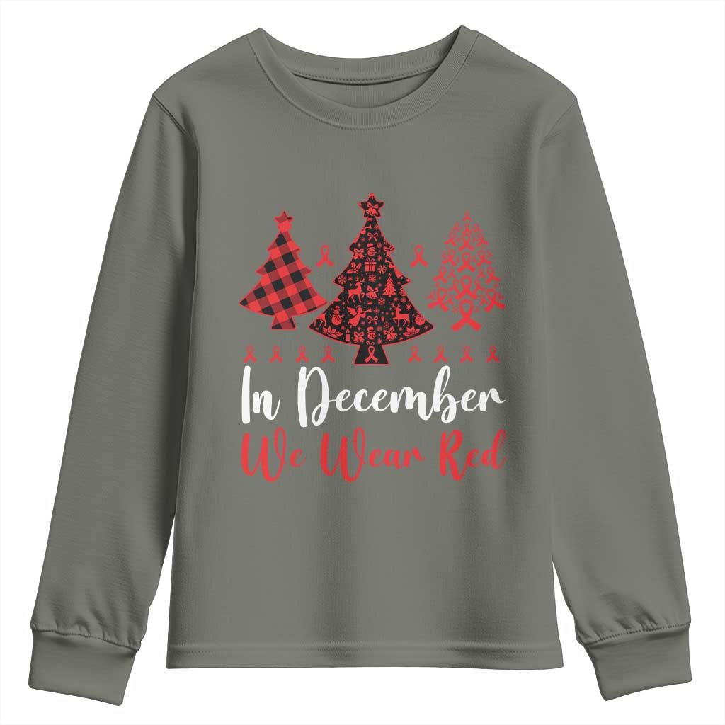 In December We Wear Red Youth Sweatshirt HIV Support Christmas Ribbon Tree Gift