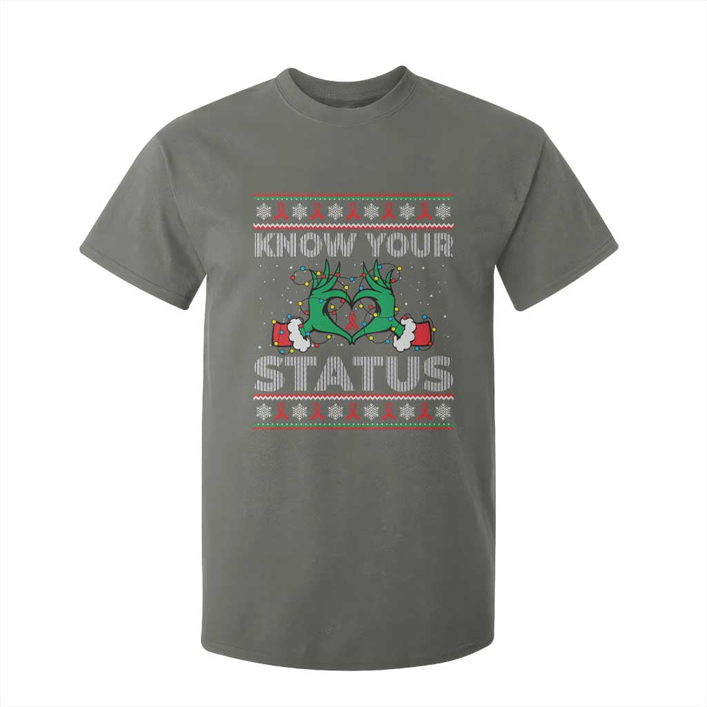 Know Your Status HIV Support Gift T Shirt For Kid Ugly Sweater Green Hand Red Ribbon