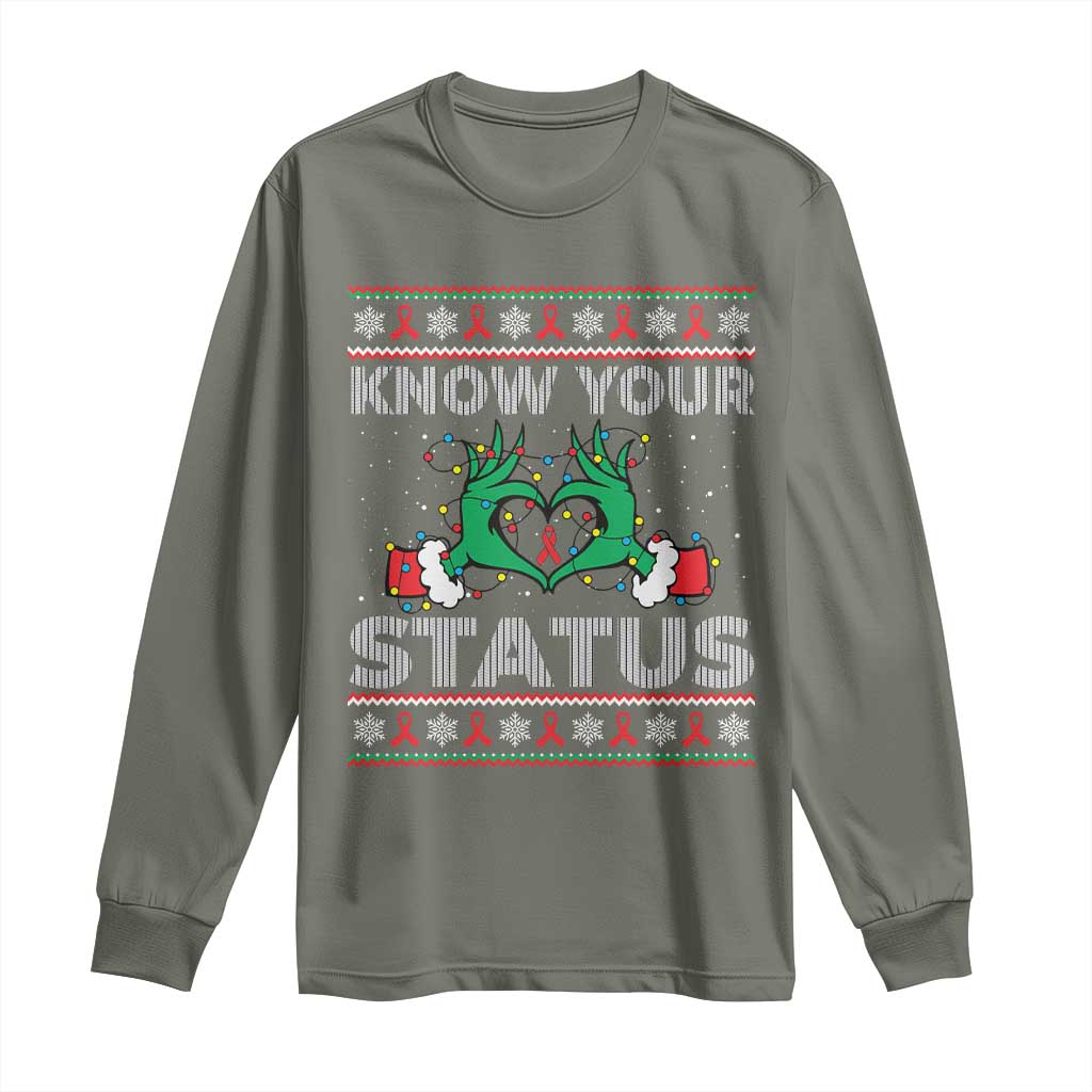 Know Your Status HIV Support Gift Long Sleeve Shirt Ugly Sweater Green Hand Red Ribbon