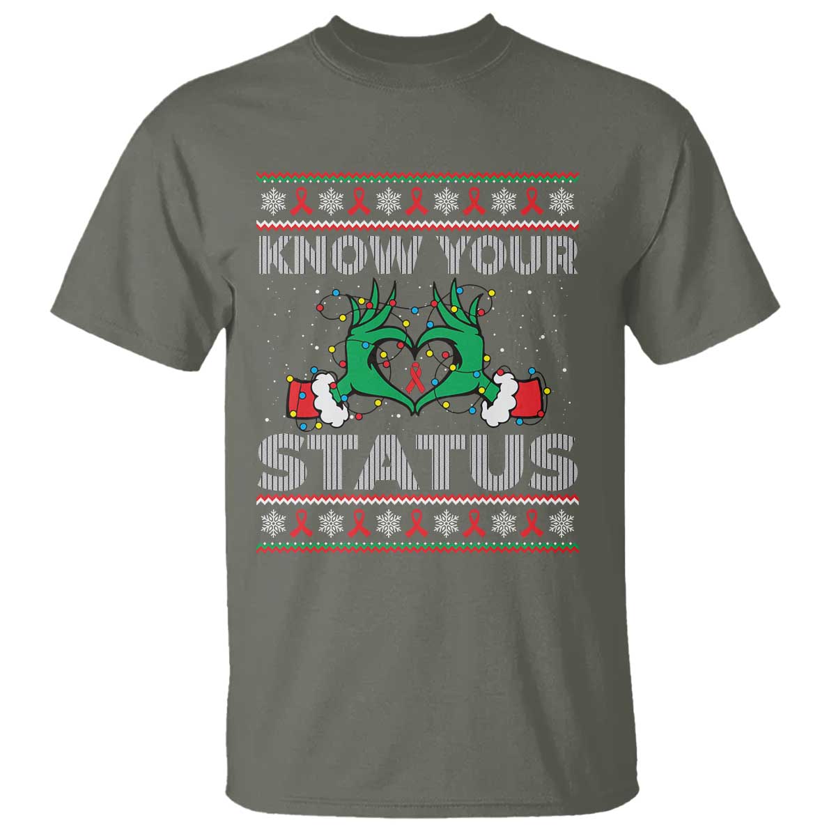 Know Your Status HIV Support Gift T Shirt Ugly Sweater Green Hand Red Ribbon