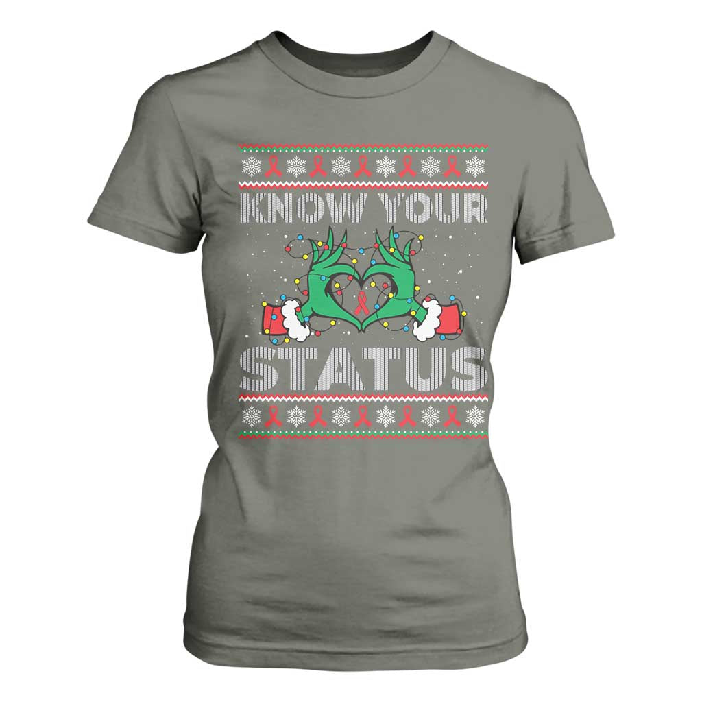 Know Your Status HIV Support Gift T Shirt For Women Ugly Sweater Green Hand Red Ribbon