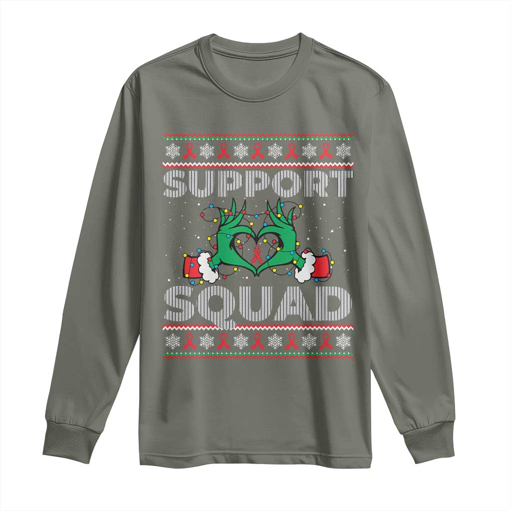 Support Squad HIV Support Gift Long Sleeve Shirt Green Hand Red Ribbon Ugly Sweater Christmas Gift