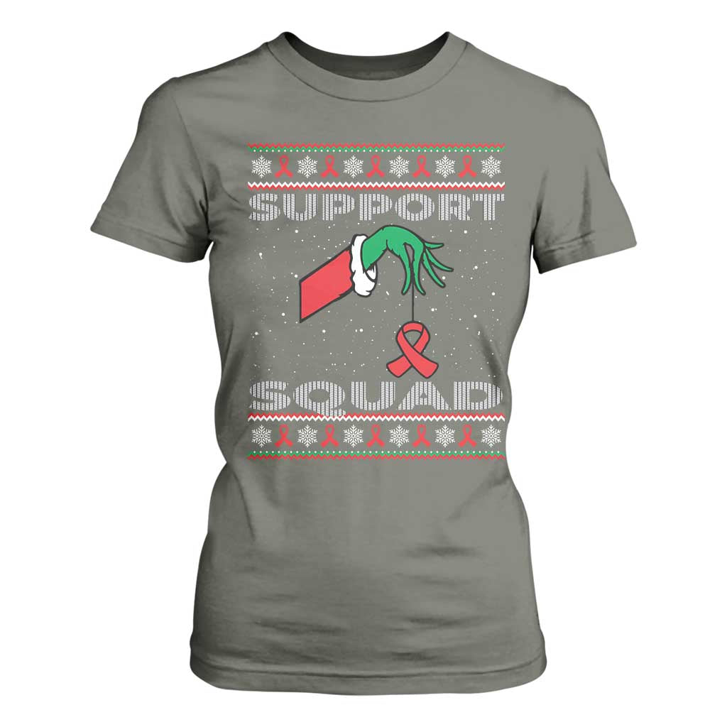 Funny Green Hand Red Ribbon HIV Support Squad T Shirt For Women