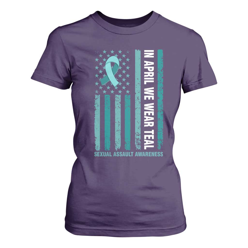 Sexual Assault Prevention Support American Flag T Shirt For Women In April We Wear Teal Ribbon