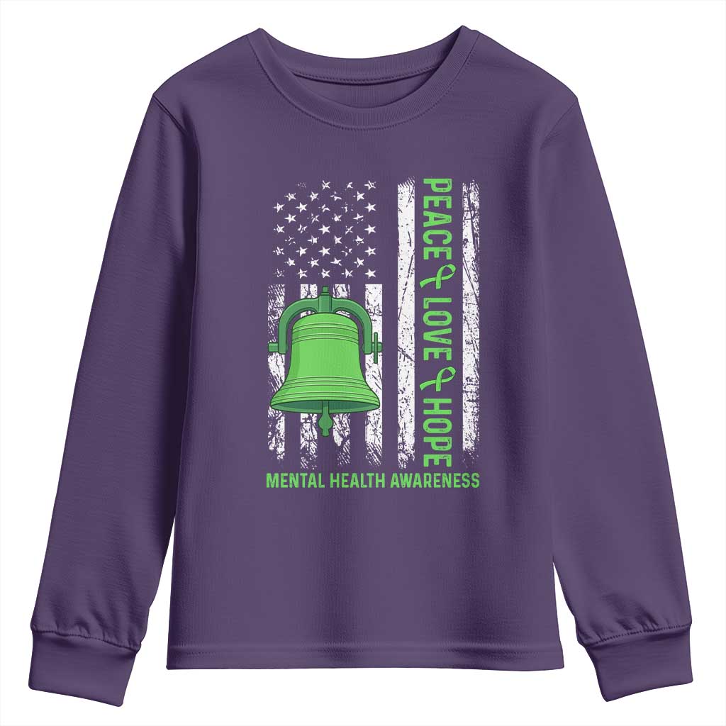 Mental Health Youth Sweatshirt Peace Love Hope Green Ribbon
