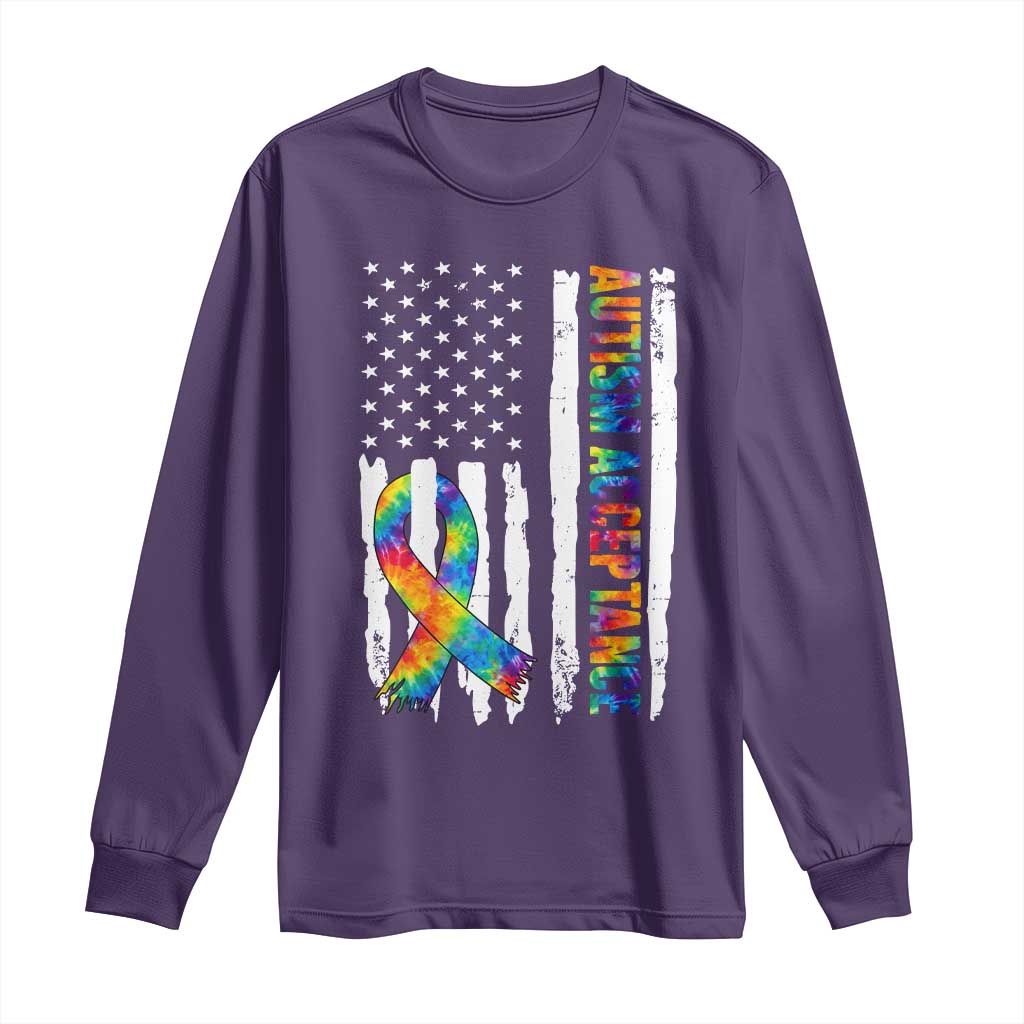 Autism Acceptance Long Sleeve Shirt US Flag Ribbon Support Neurodiversity