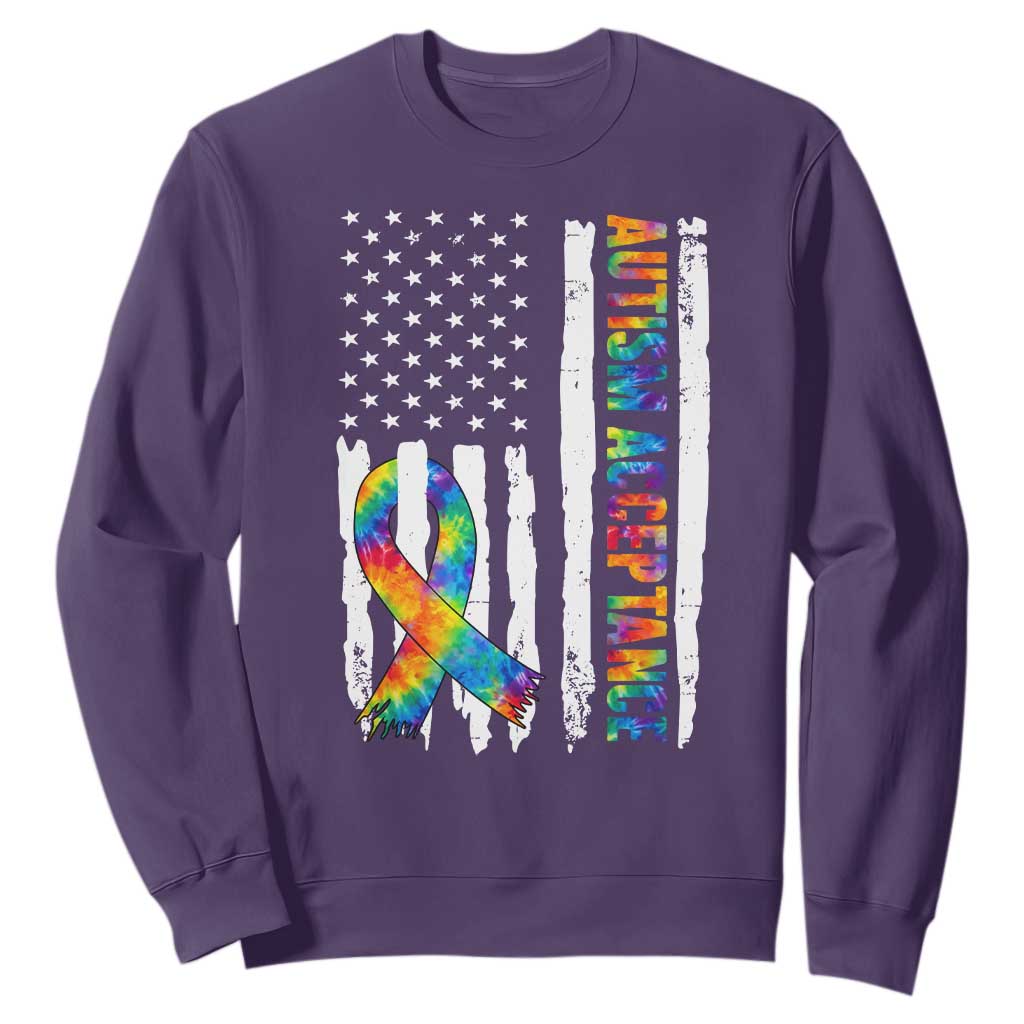 Autism Acceptance Sweatshirt US Flag Ribbon Support Neurodiversity
