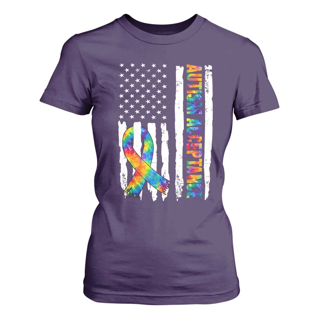 Autism Acceptance T Shirt For Women US Flag Ribbon Support Neurodiversity