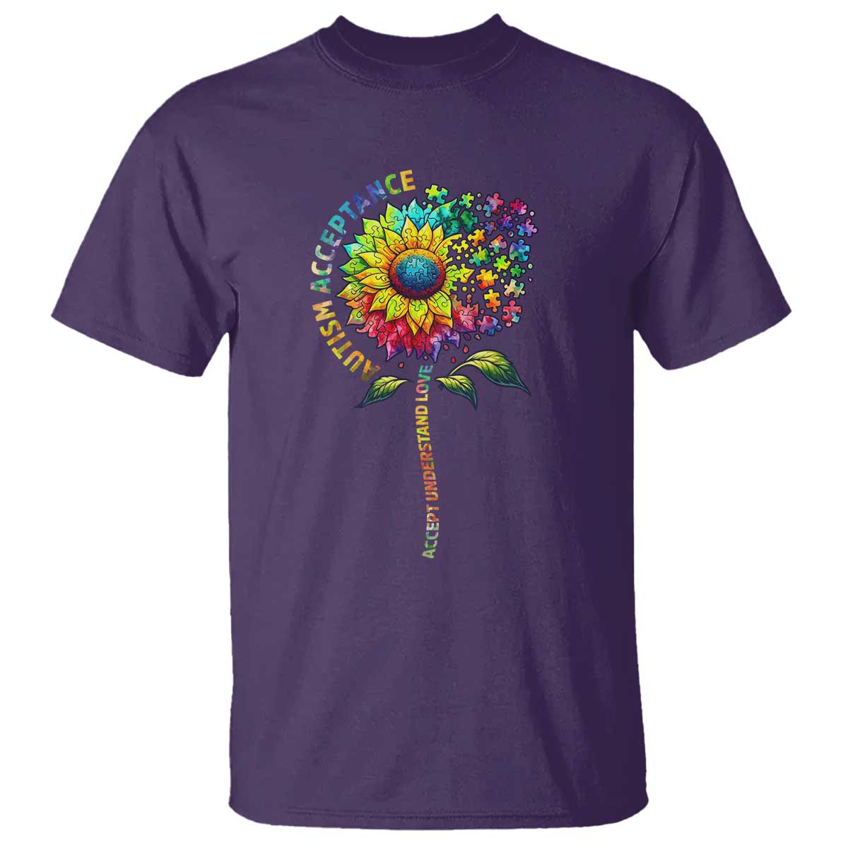 Autism Acceptance T Shirt Accept Understand Love Sunflower Puzzle