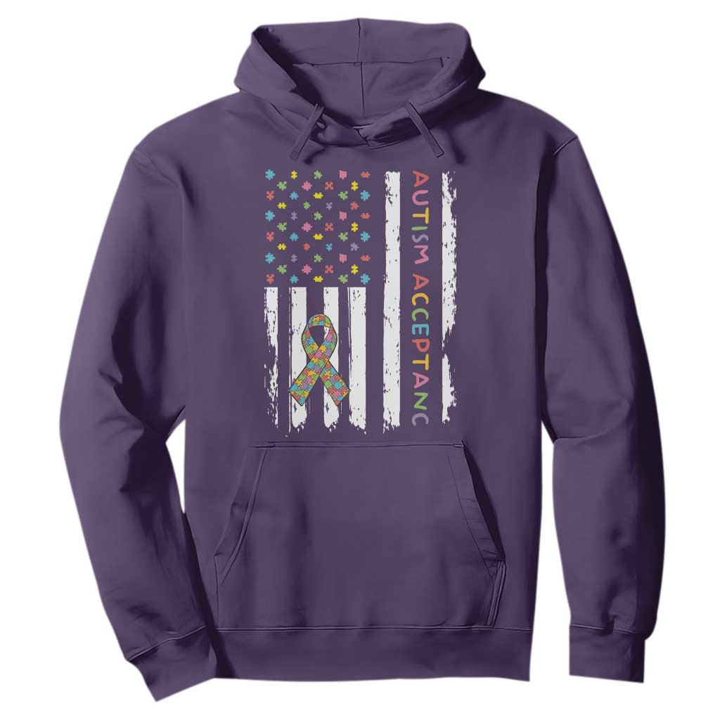 Autism Acceptance Hoodie American Flag Neurodivergent Support Ribbon Puzzle