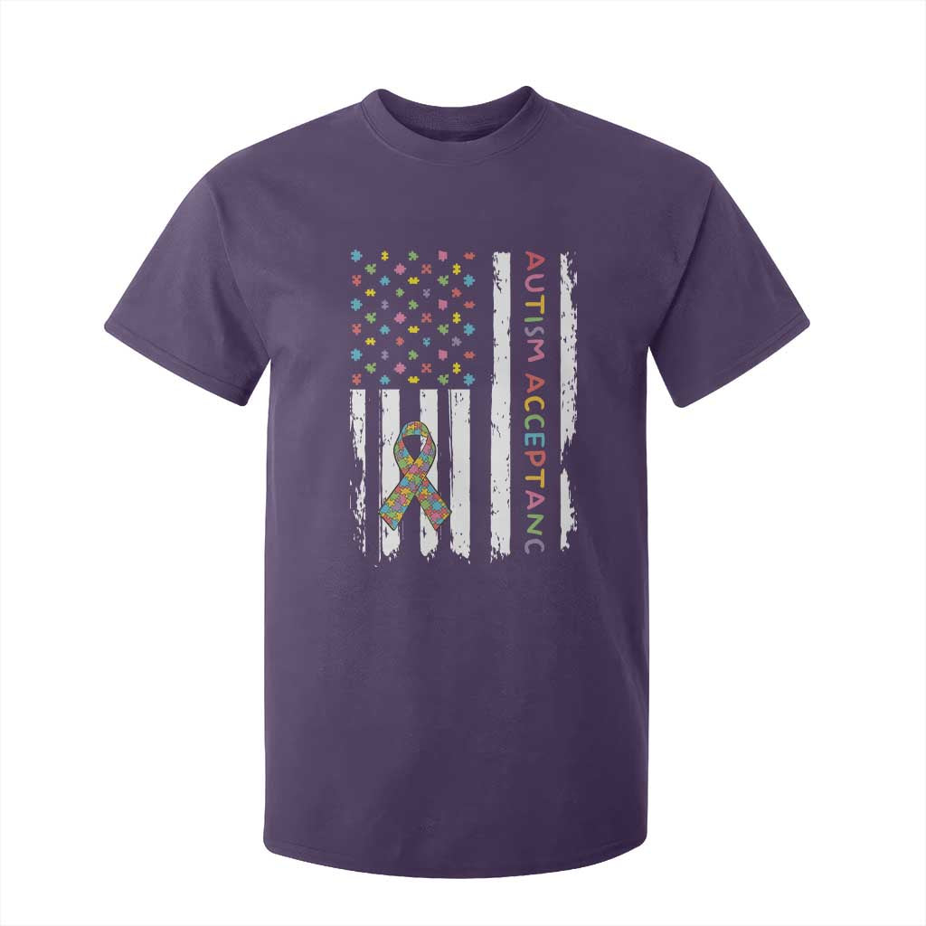 Autism Acceptance T Shirt For Kid American Flag Neurodivergent Support Ribbon Puzzle