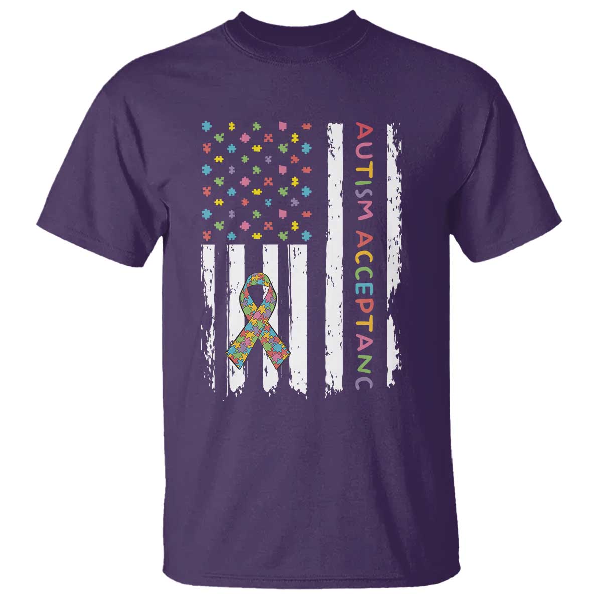 Autism Acceptance T Shirt American Flag Neurodivergent Support Ribbon Puzzle