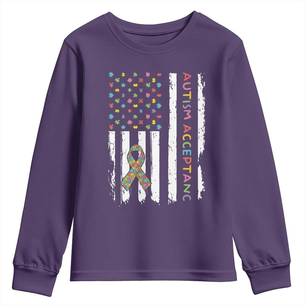 Autism Acceptance Youth Sweatshirt American Flag Neurodivergent Support Ribbon Puzzle