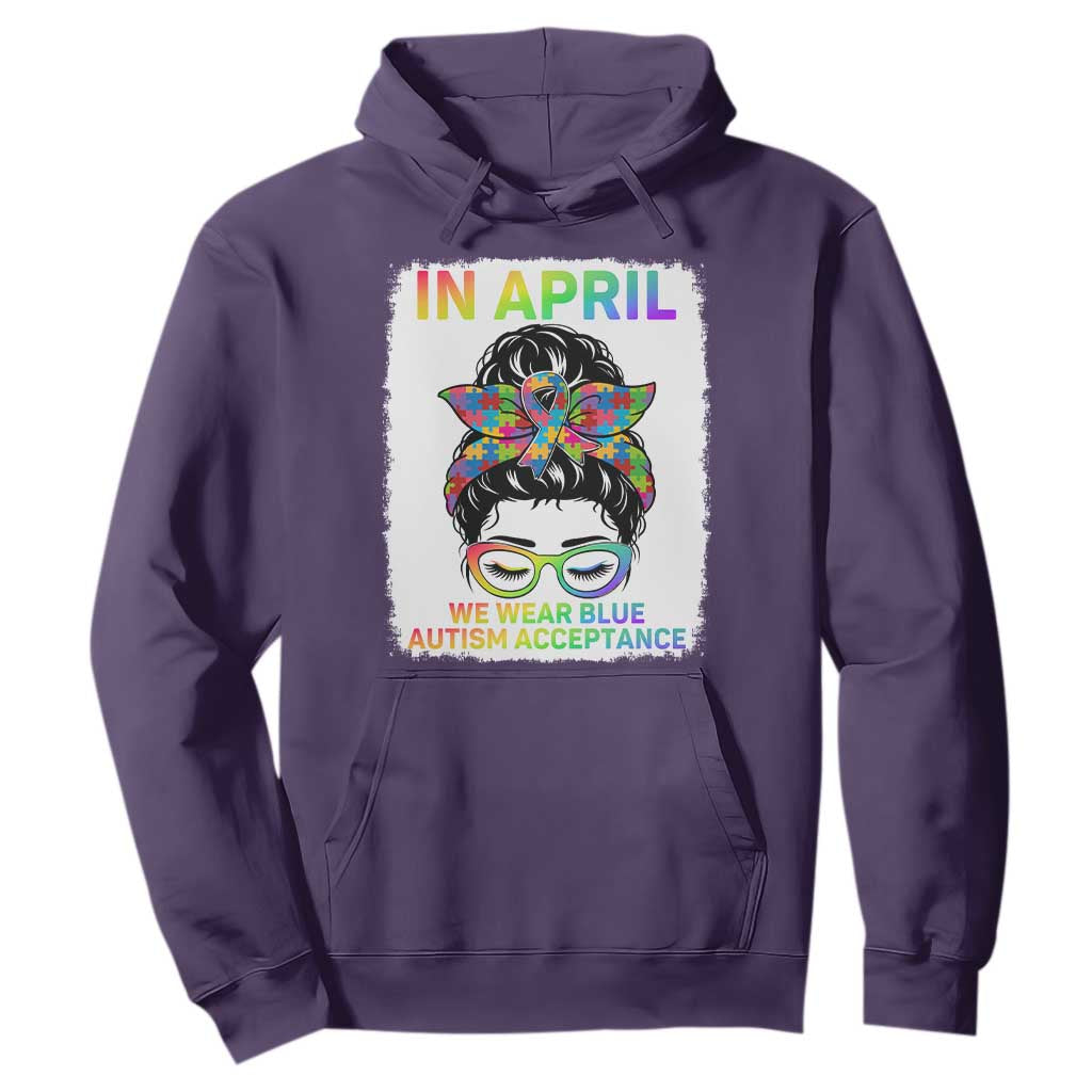 Autism Acceptance Hoodie Neurodivergent Support Messy Bun Ribbon Puzzle