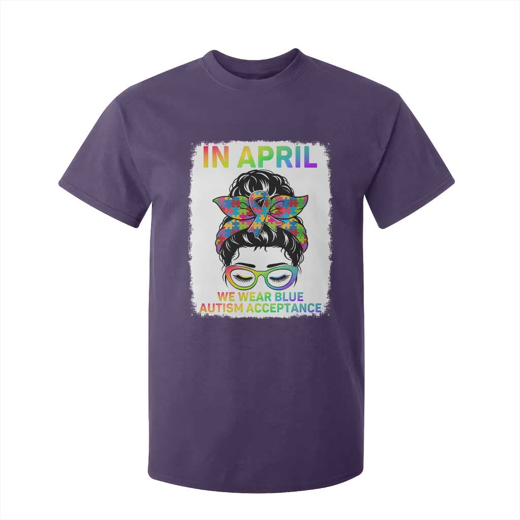 Autism Acceptance T Shirt For Kid Neurodivergent Support Messy Bun Ribbon Puzzle