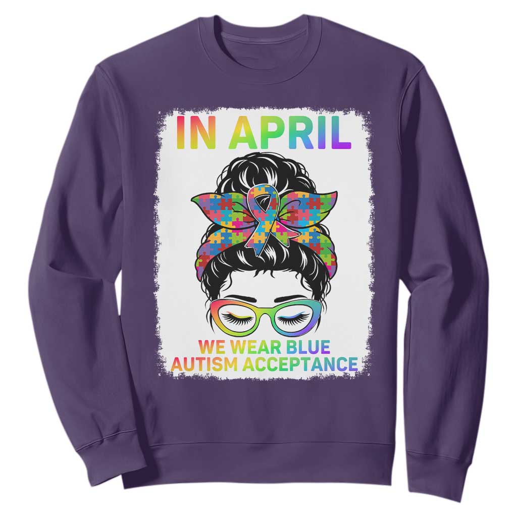 Autism Acceptance Sweatshirt Neurodivergent Support Messy Bun Ribbon Puzzle