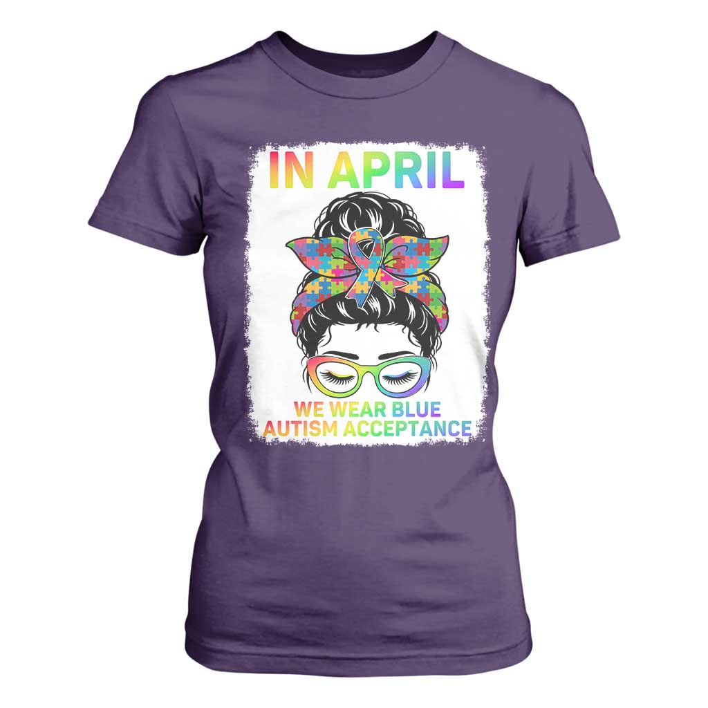 Autism Acceptance T Shirt For Women Neurodivergent Support Messy Bun Ribbon Puzzle