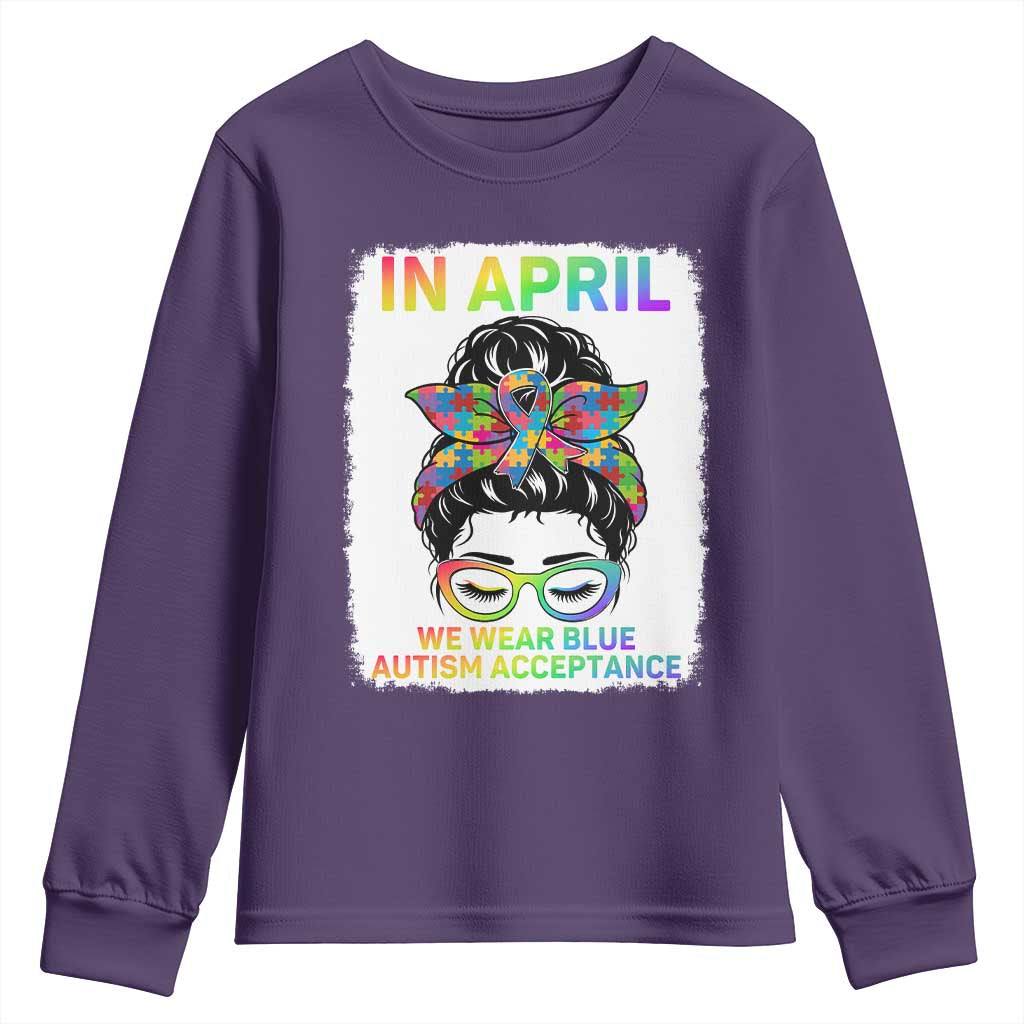 Autism Acceptance Youth Sweatshirt Neurodivergent Support Messy Bun Ribbon Puzzle