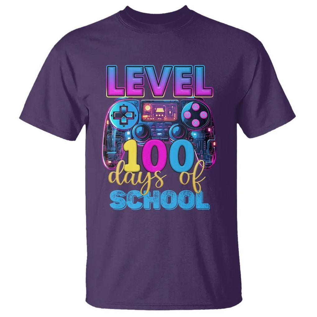 100 Days of School Gamer T Shirt Level 100 Unlocked Neon Game Controller - FUNOLO