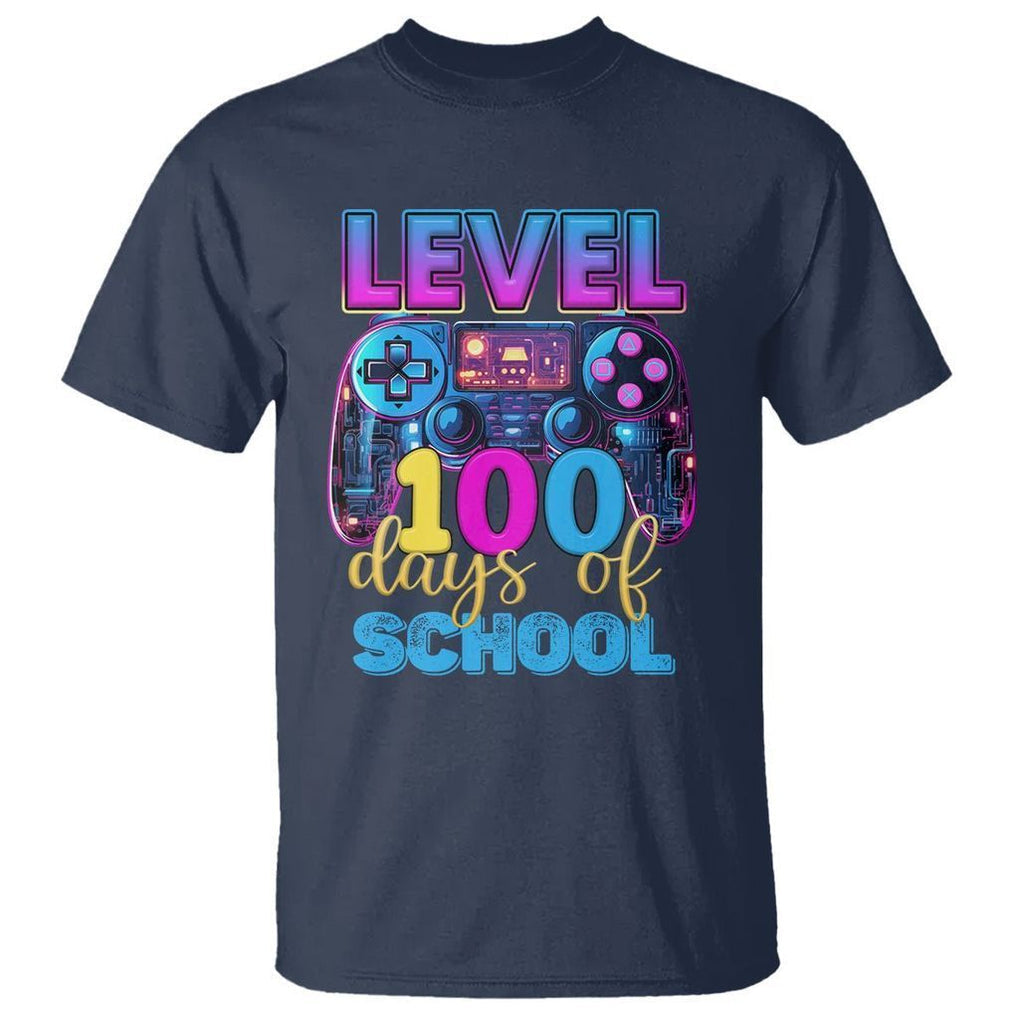 100 Days of School Gamer T Shirt Level 100 Unlocked Neon Game Controller - FUNOLO