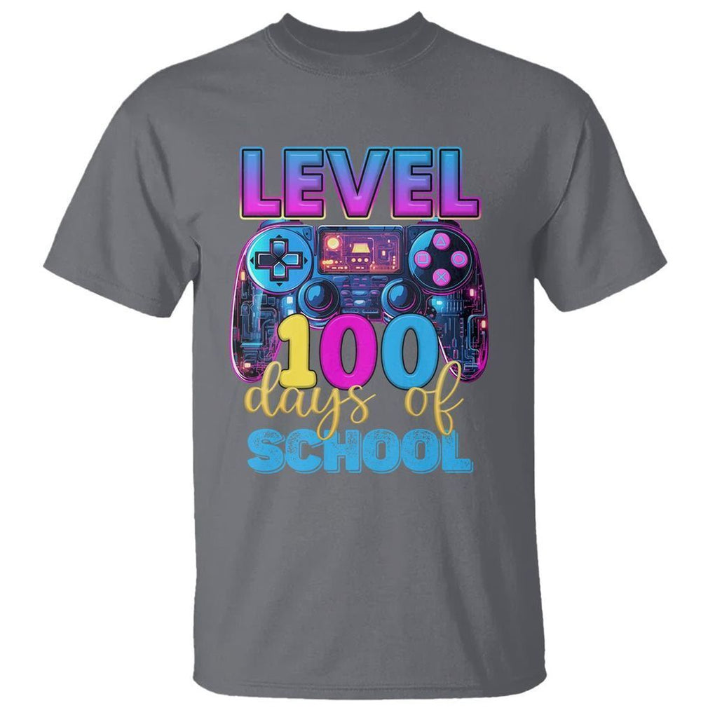 100 Days of School Gamer T Shirt Level 100 Unlocked Neon Game Controller - FUNOLO