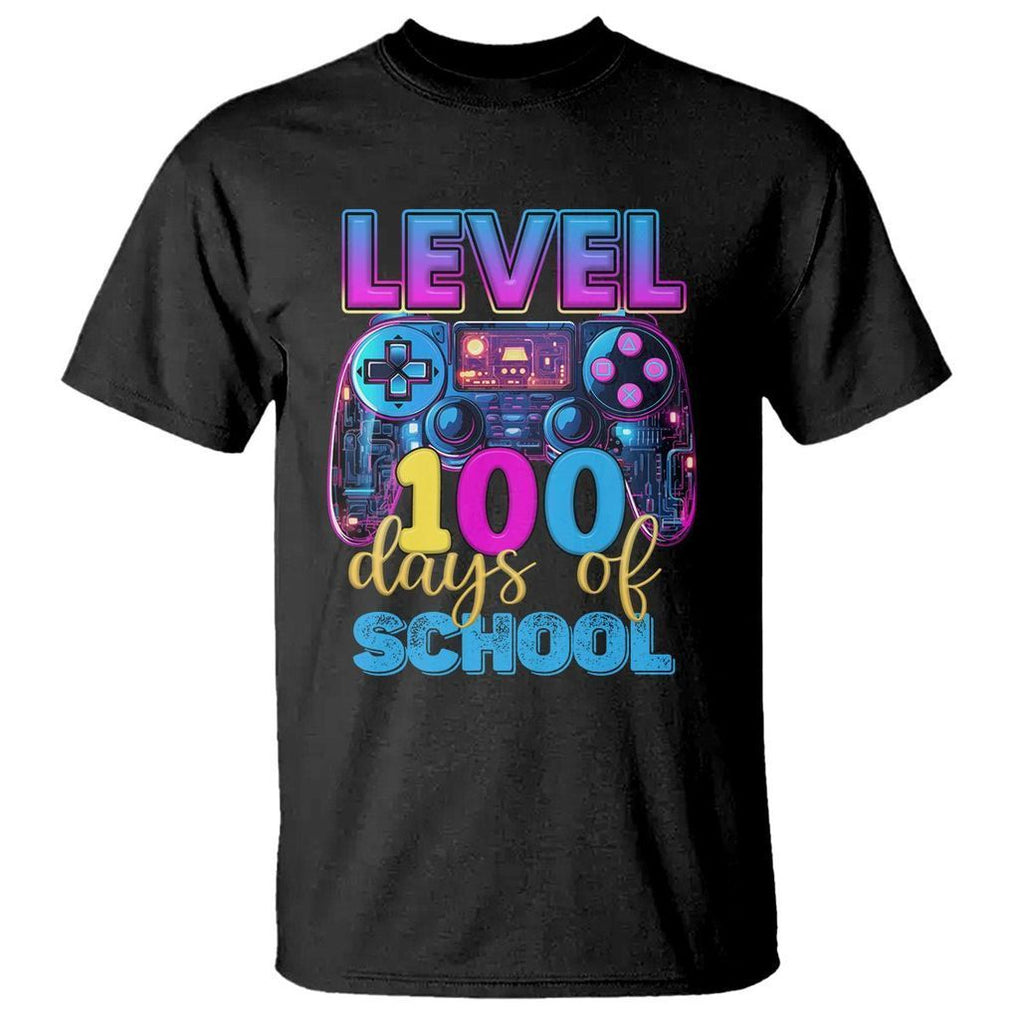 100 Days of School Gamer T Shirt Level 100 Unlocked Neon Game Controller - FUNOLO
