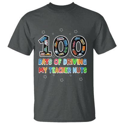 100th Day of School Boys T Shirt 100 Days of Driving My Teacher Nuts Cars Vehicles - FUNOLO