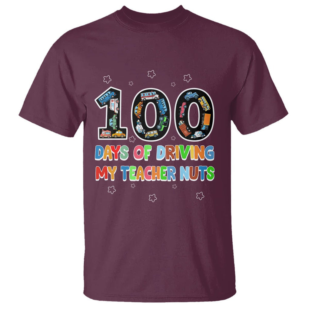 100th Day of School Boys T Shirt 100 Days of Driving My Teacher Nuts Cars Vehicles - FUNOLO