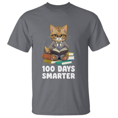 100th Day Of School T Shirt 100 Days Smarter Funny Kitty Cat Reading Book - FUNOLO