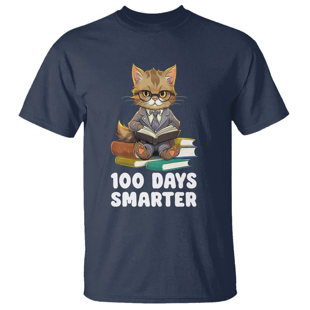 100th Day Of School T Shirt 100 Days Smarter Funny Kitty Cat Reading Book - FUNOLO