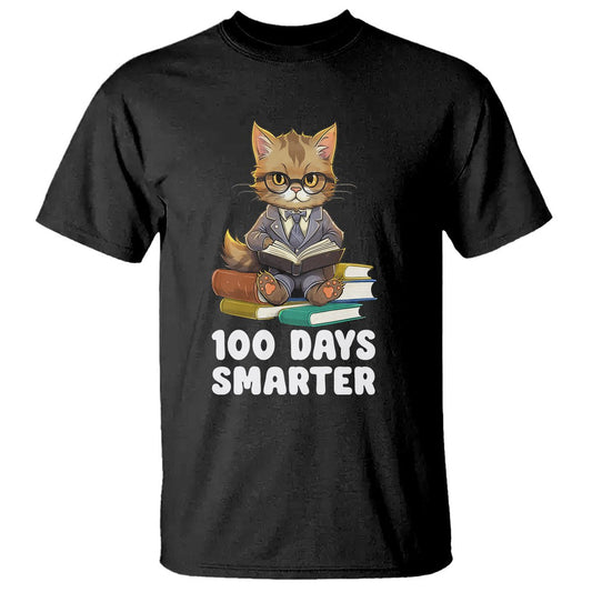 100th Day Of School T Shirt 100 Days Smarter Funny Kitty Cat Reading Book - FUNOLO