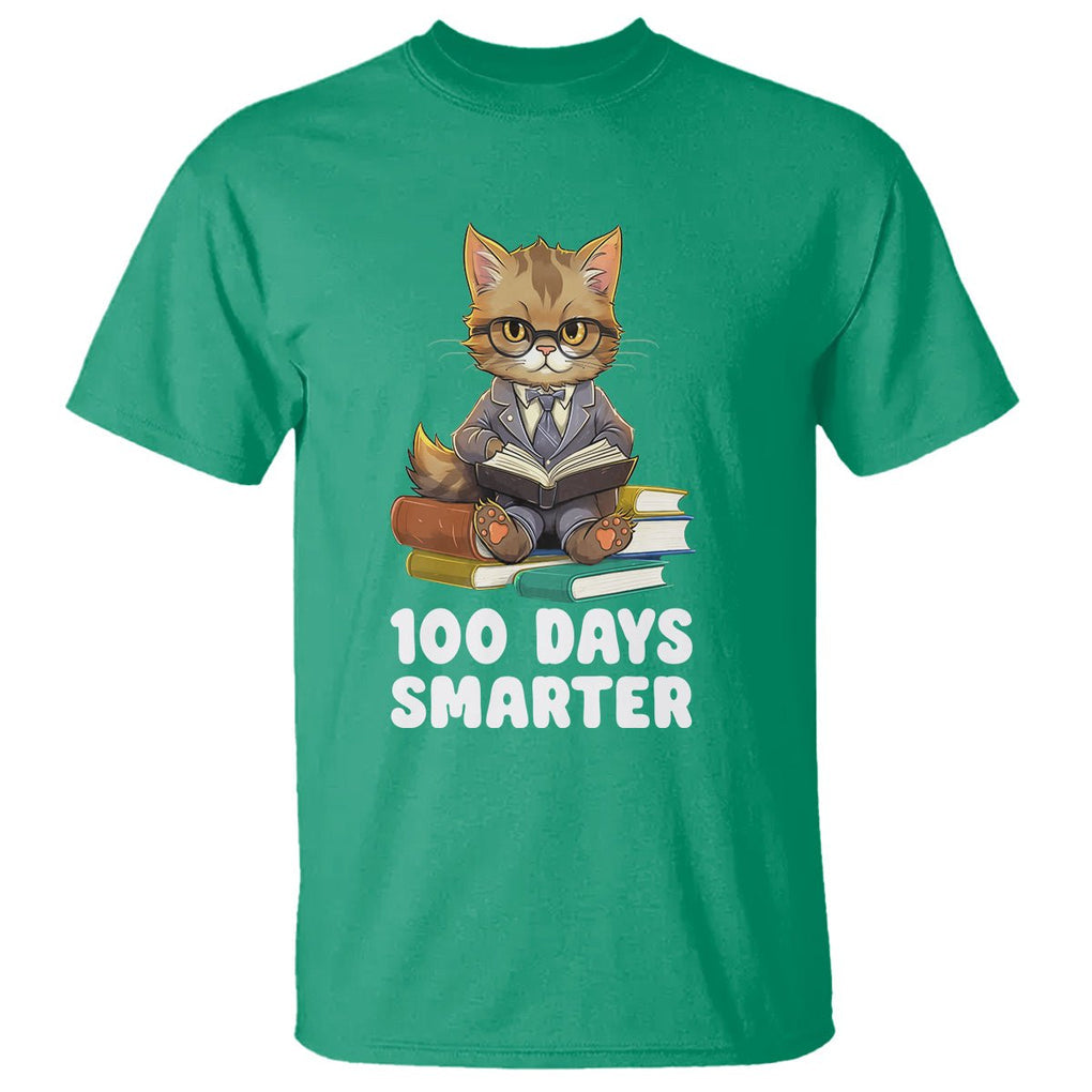 100th Day Of School T Shirt 100 Days Smarter Funny Kitty Cat Reading Book - FUNOLO