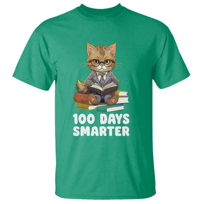 100th Day Of School T Shirt 100 Days Smarter Funny Kitty Cat Reading Book - FUNOLO