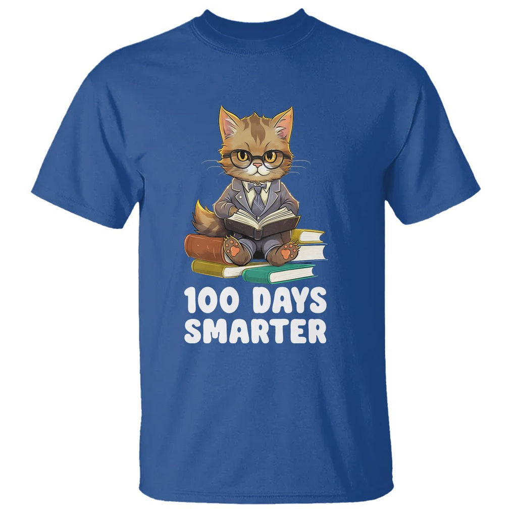 100th Day Of School T Shirt 100 Days Smarter Funny Kitty Cat Reading Book - FUNOLO