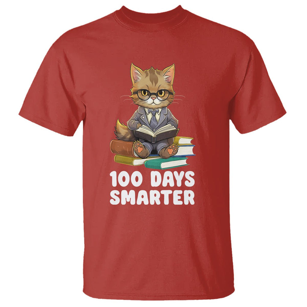 100th Day Of School T Shirt 100 Days Smarter Funny Kitty Cat Reading Book - FUNOLO